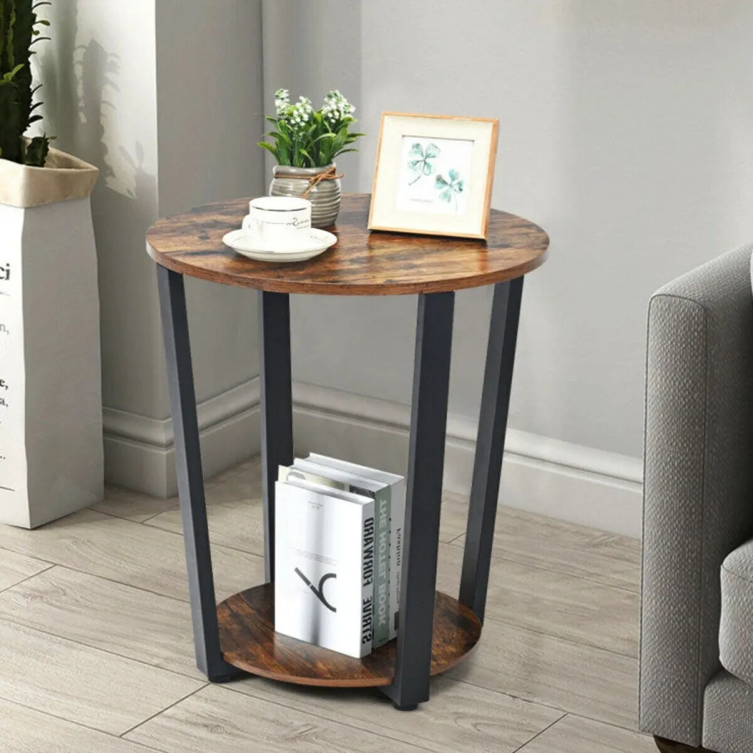 2-Tier Round End Table with Storage Shelf and Metal Frame