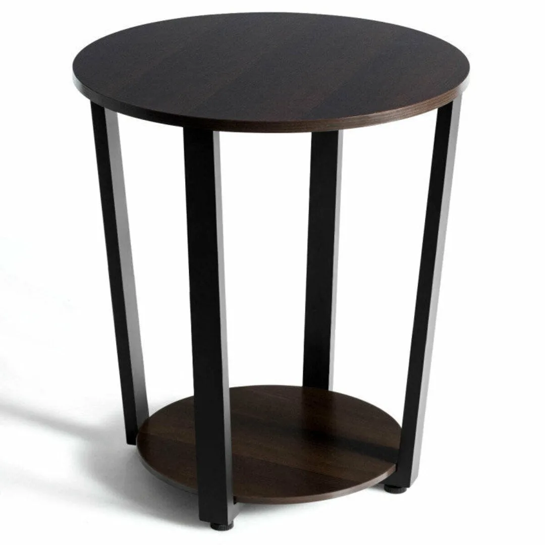 2-Tier Round End Table with Storage Shelf and Metal Frame