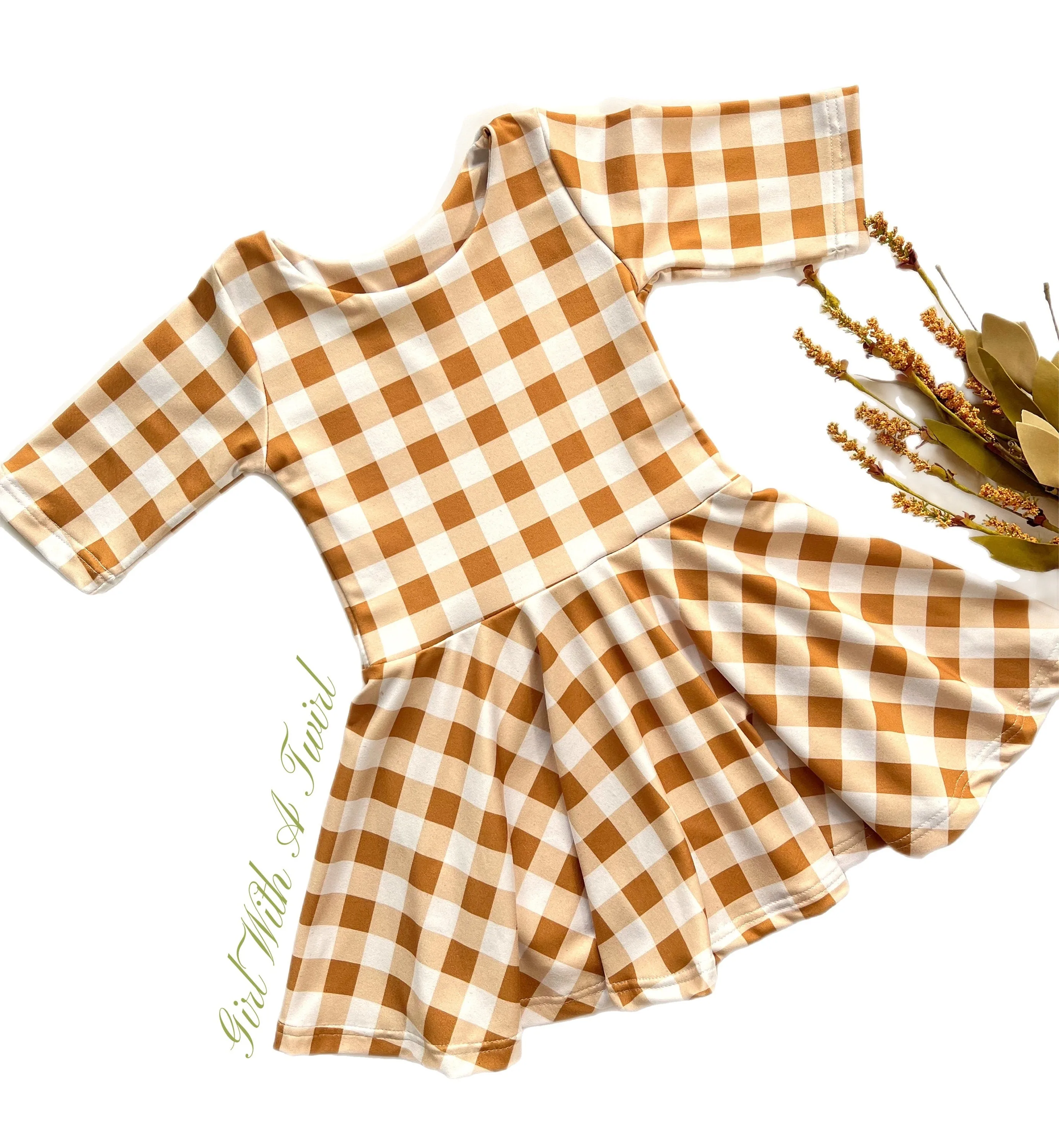 2T Toddler Girls Fall Mustard Gingham Check Twirl Dress, Ready to Ship