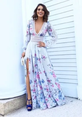 ANGELA floral v neck split midi dress