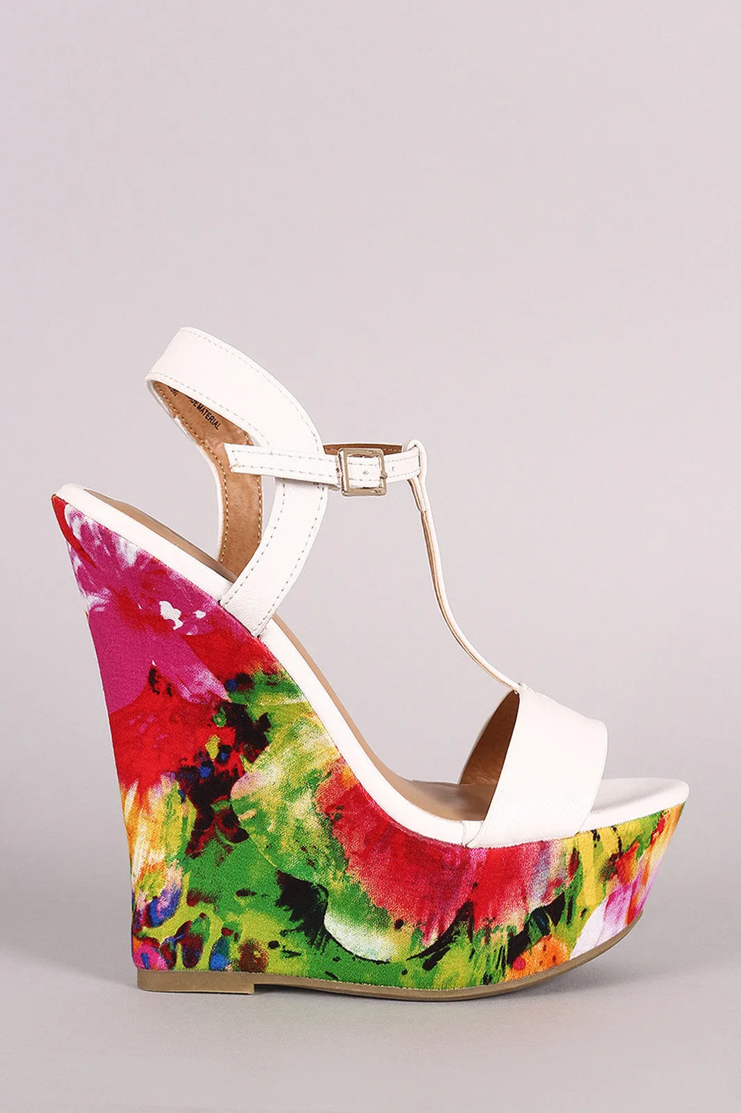 Bamboo T-Strap Watercolor Print Platform Wedge