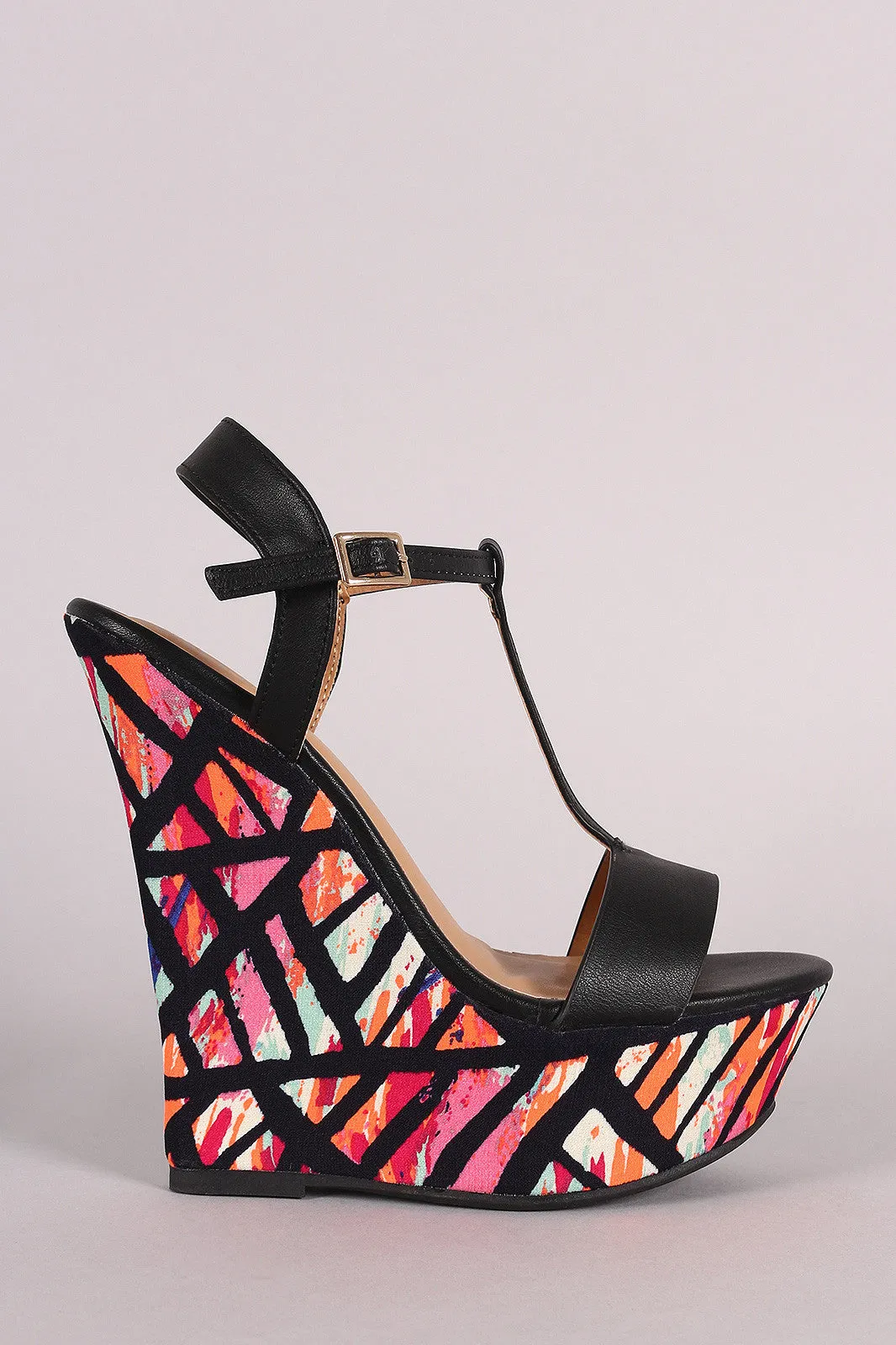 Bamboo T-Strap Watercolor Print Platform Wedge