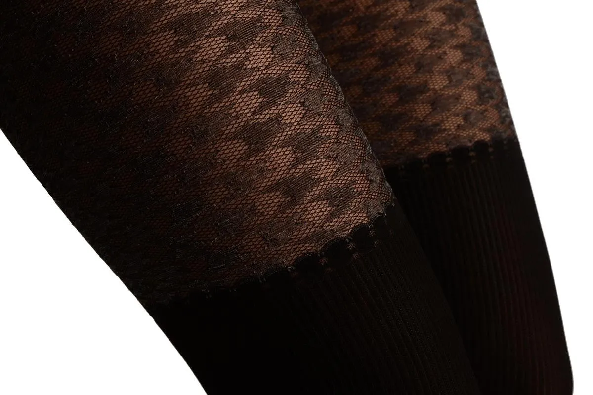 Black Faux Stockings With Grey Dogtooth Top Tights