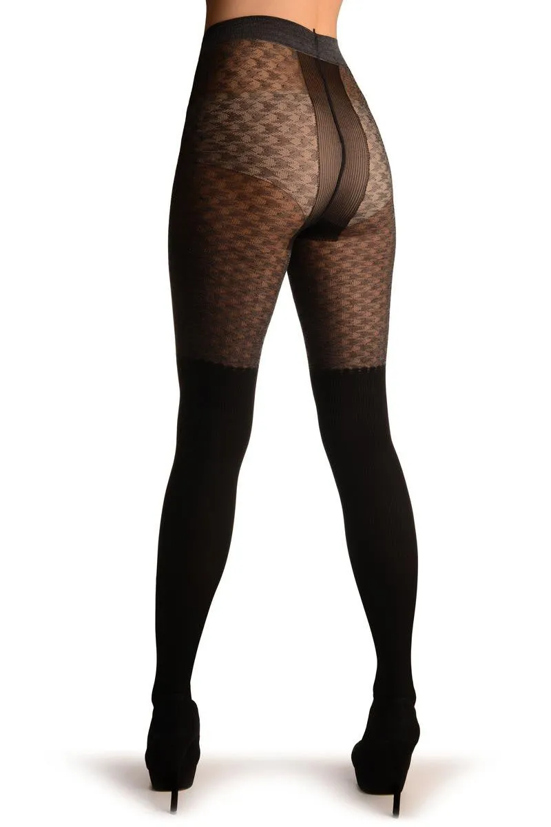 Black Faux Stockings With Grey Dogtooth Top Tights