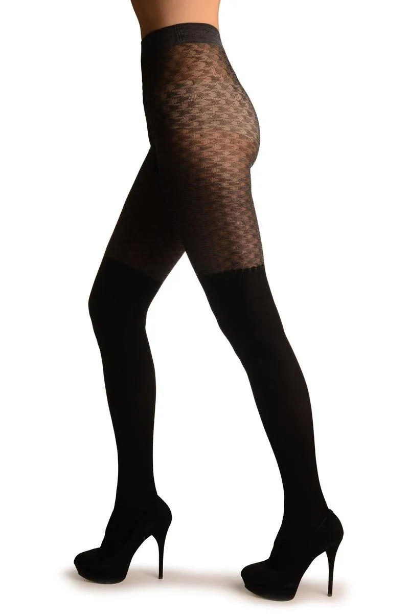 Black Faux Stockings With Grey Dogtooth Top Tights