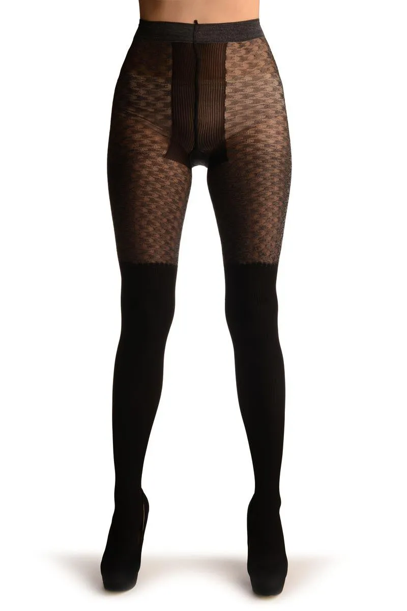 Black Faux Stockings With Grey Dogtooth Top Tights