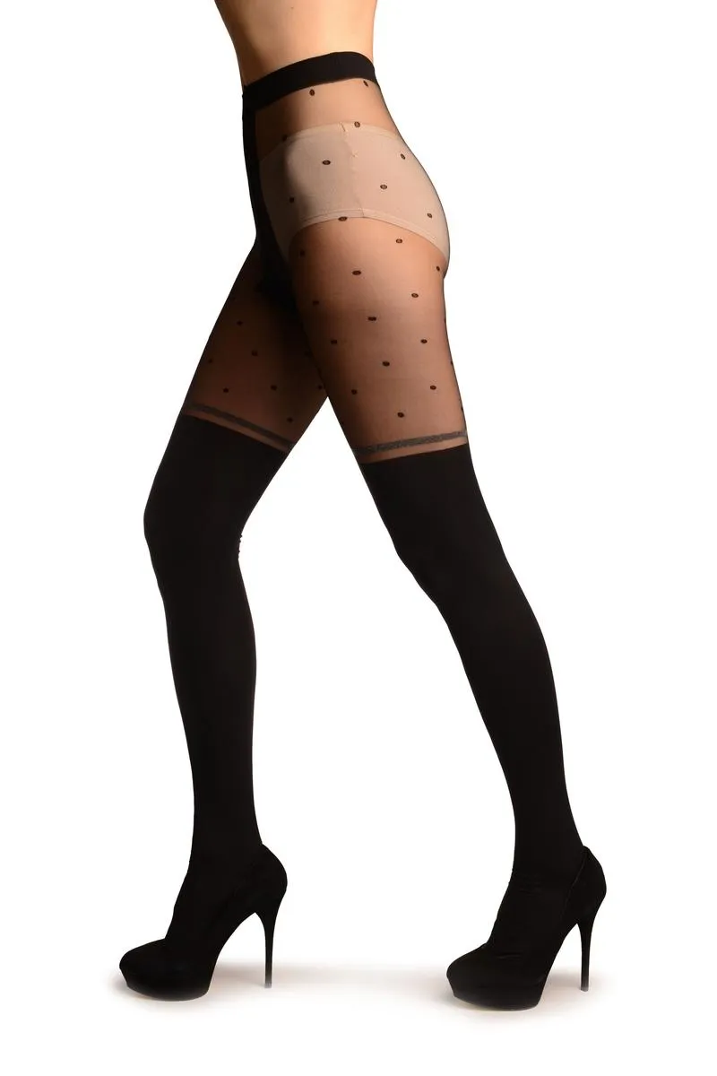 Black Faux Stockings With Sheer Spotty Top Tights