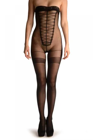 Black Lace Up With Silicon Grip Lace Top Shaping Tummy In Tights