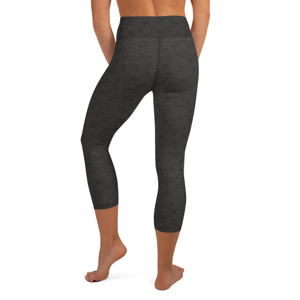 Black Leather Print Yoga Capri Leggings