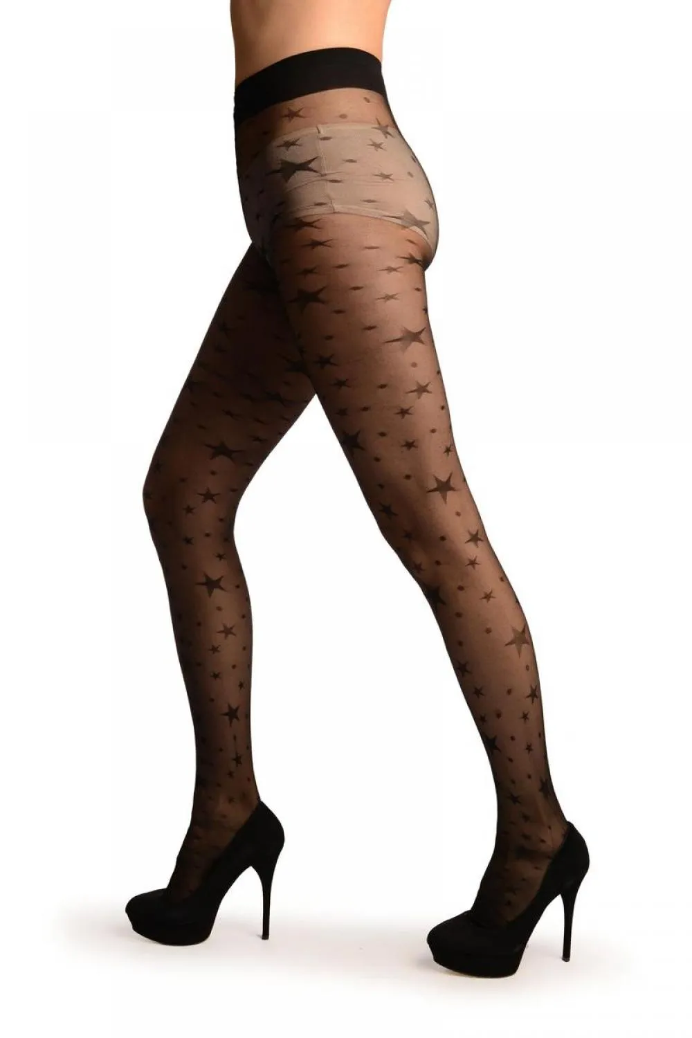 Black Micro Mesh With Woven Stars Tights