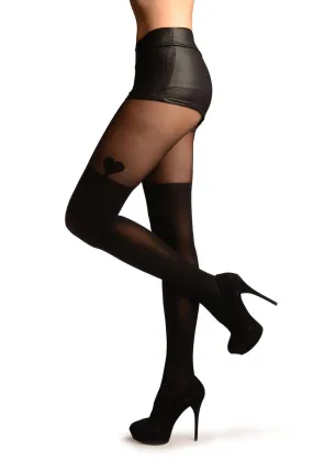 Black Opaque Faux Stockings With Heart And Sheer Top Tights