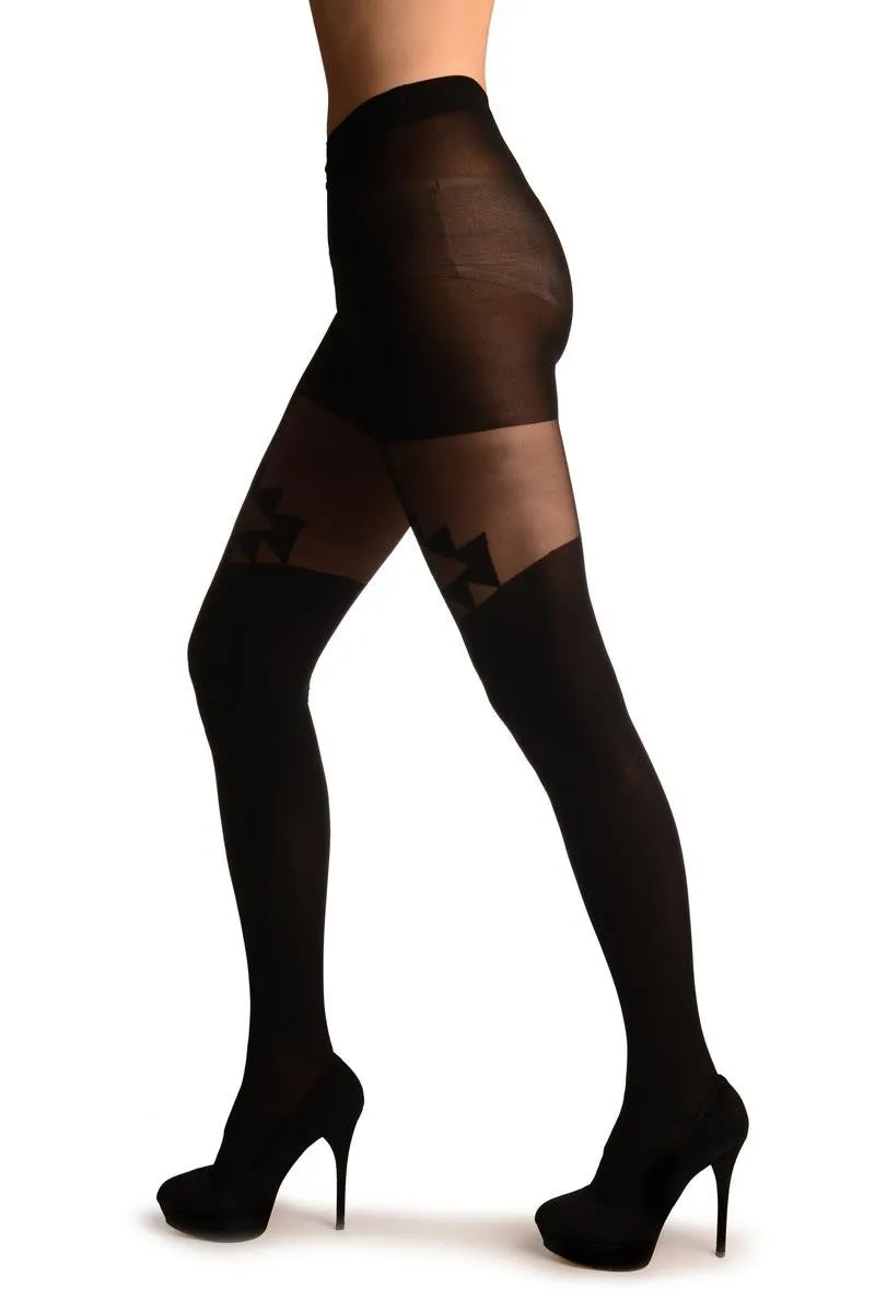 Black Opaque With Sheer Geometrical Faux Garter Tights