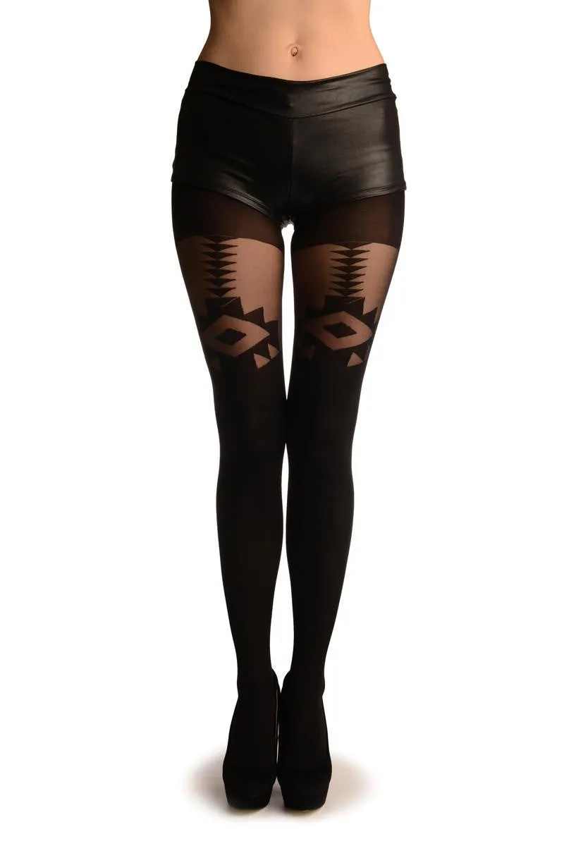 Black Opaque With Sheer Geometrical Faux Garter Tights