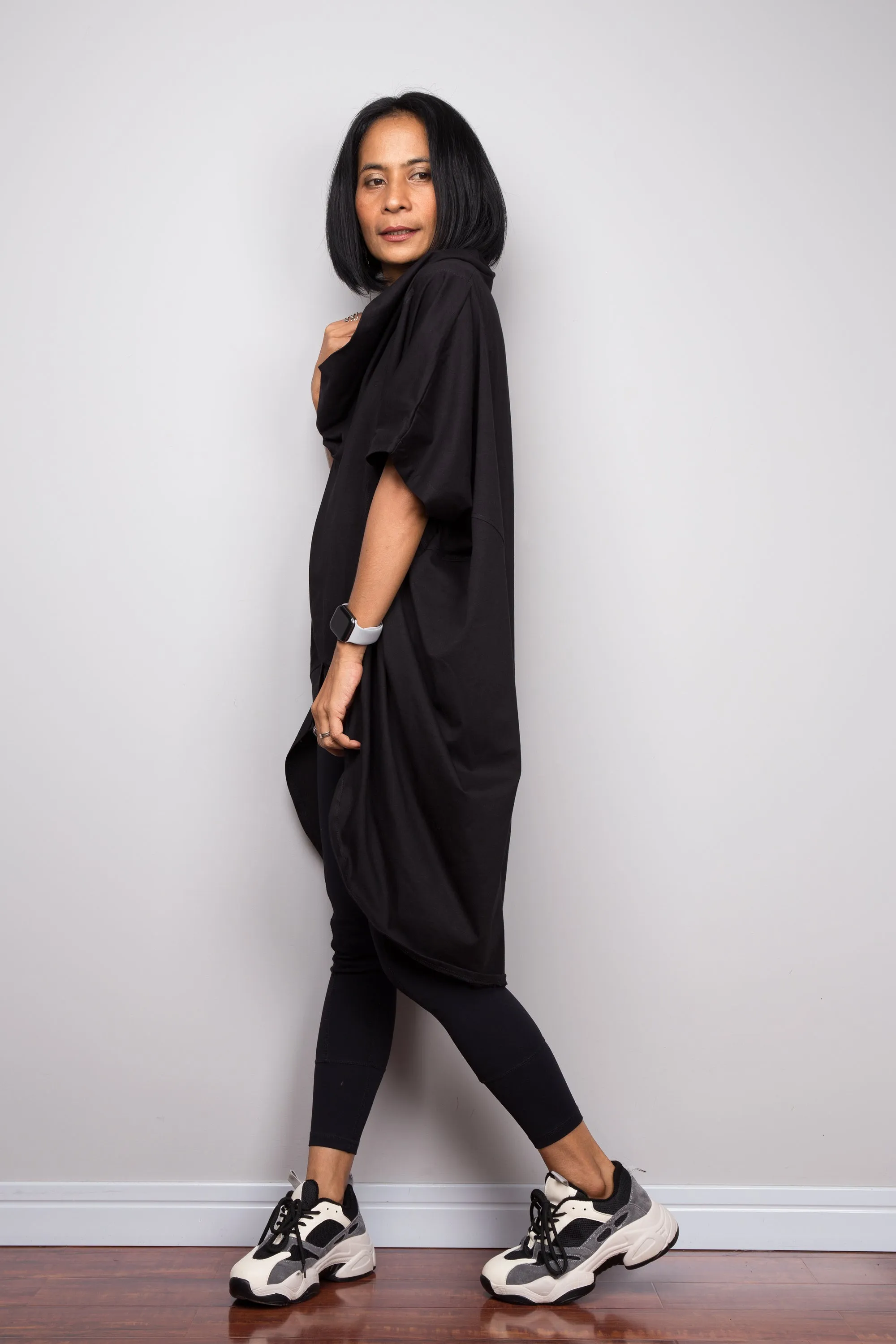 Black pullover tunic dress with cowl neck