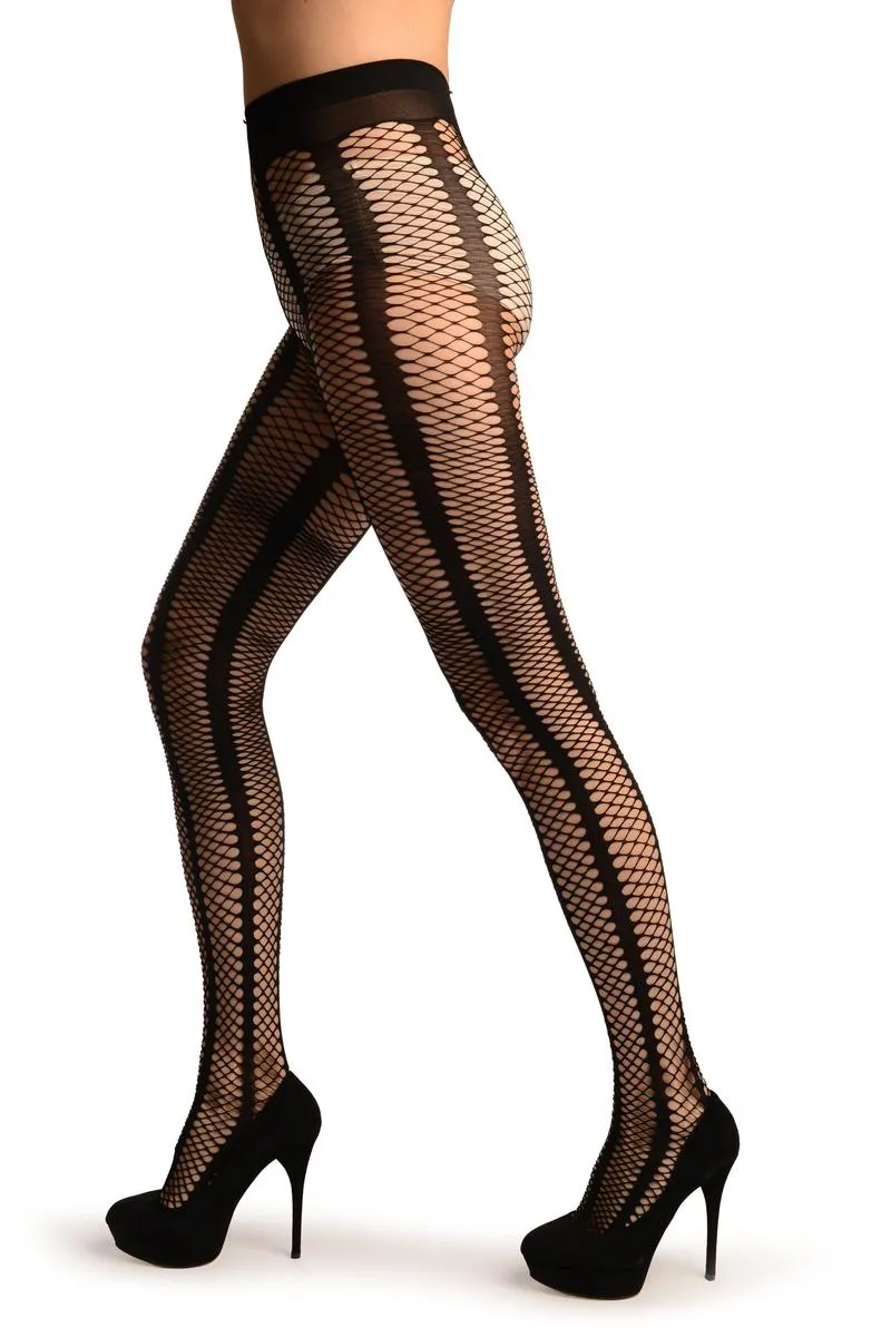 Black Sick Mesh Fishnet With Black Stripes Tights