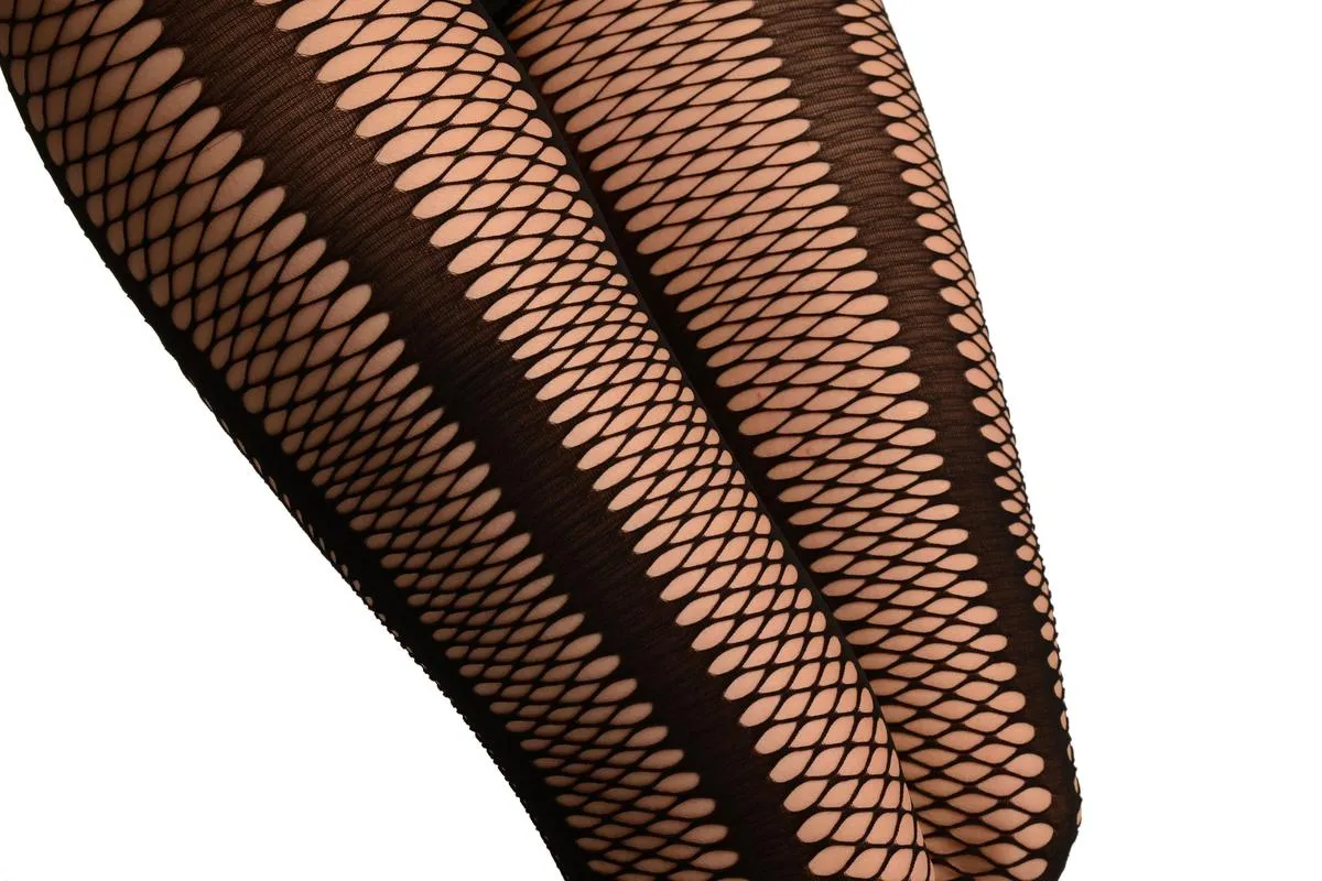 Black Sick Mesh Fishnet With Black Stripes Tights