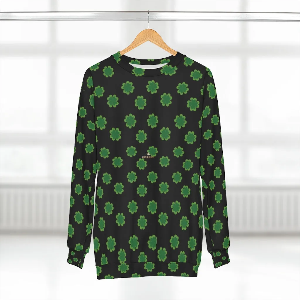 Black St. Patrick's Day Sweatshirt, Green Clover Print Unisex Long Sleeves- Made in USA