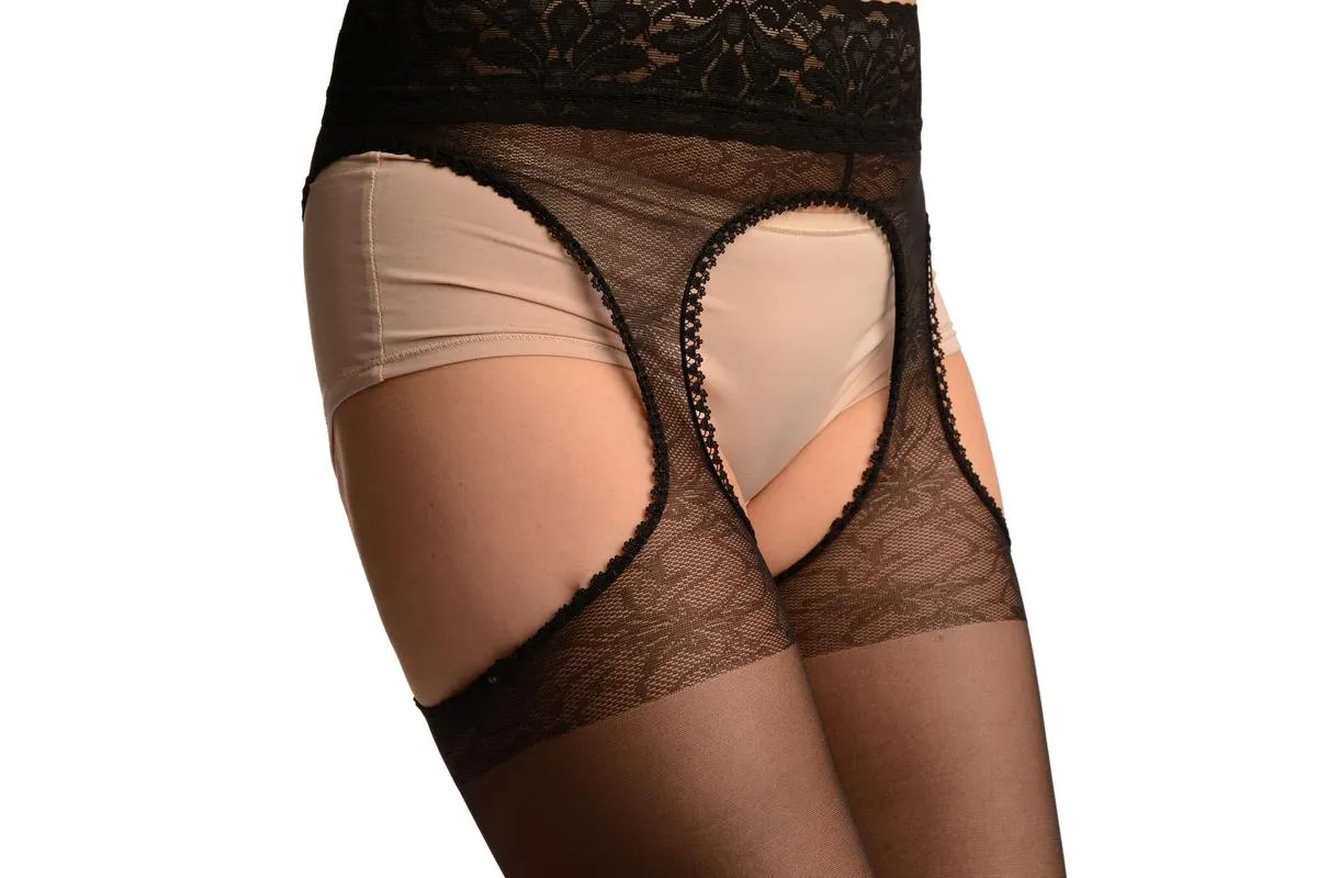 Black Suspender Belt With Floral Silicon Lace Top Tights