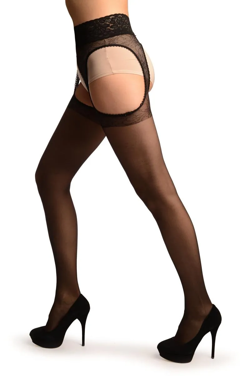 Black Suspender Belt With Floral Silicon Lace Top Tights