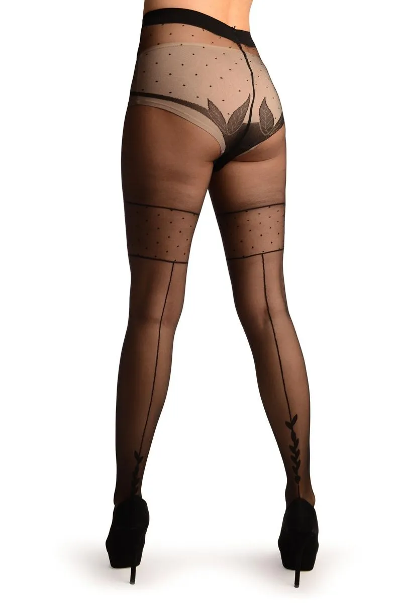 Black With Black Seam, Polka Dot and Leaves Panty Tights