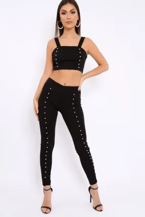 Black with Pearls Crop Top and Trousers Co-ord - Meridith