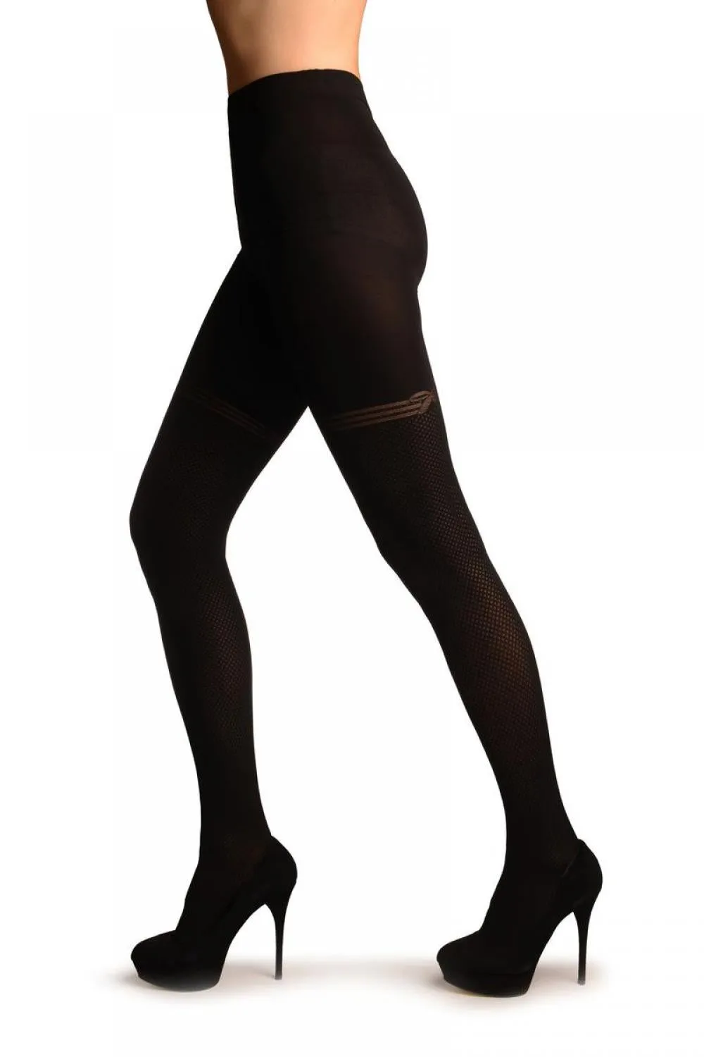 Black With Sheer Dots And Striped Bow Garter Tights