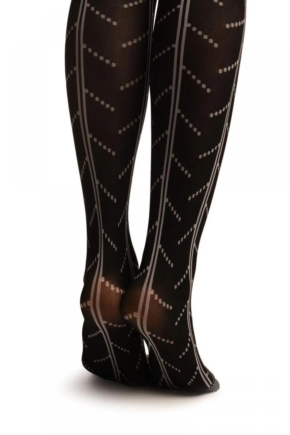 Black With White Woven Tires Inprint Pattern Tights