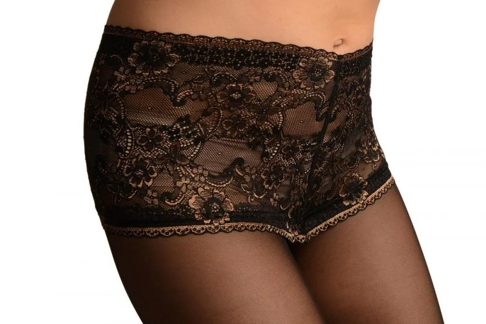 Black With Wide Silicon Floral Lace Panty Top Tights