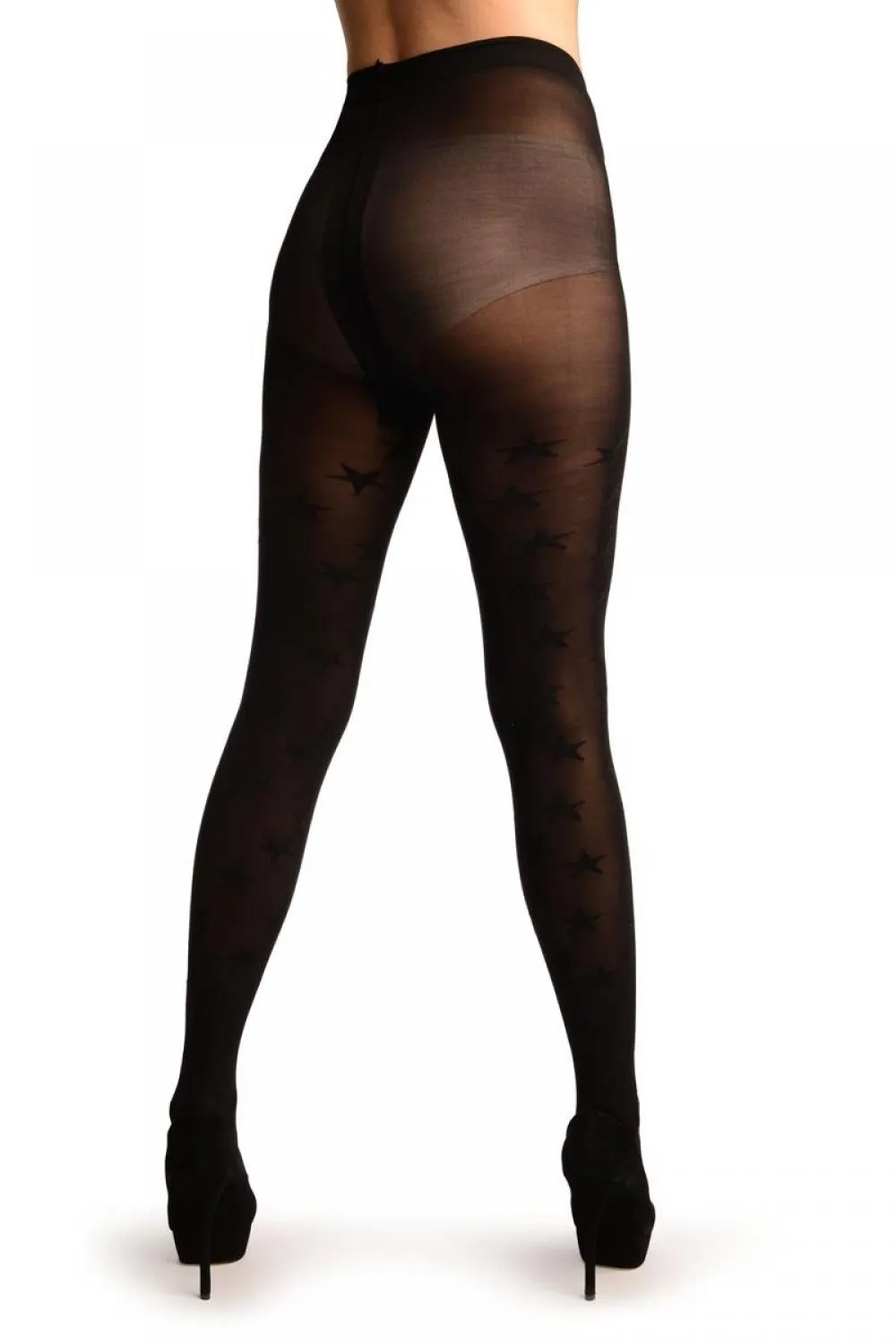 Black With Woven Black Shiny Stars Tights