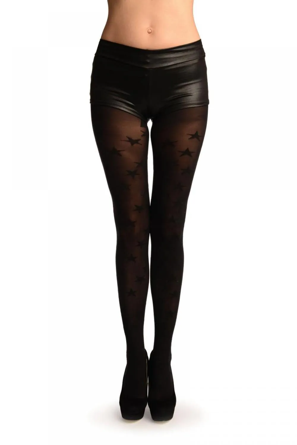 Black With Woven Black Shiny Stars Tights