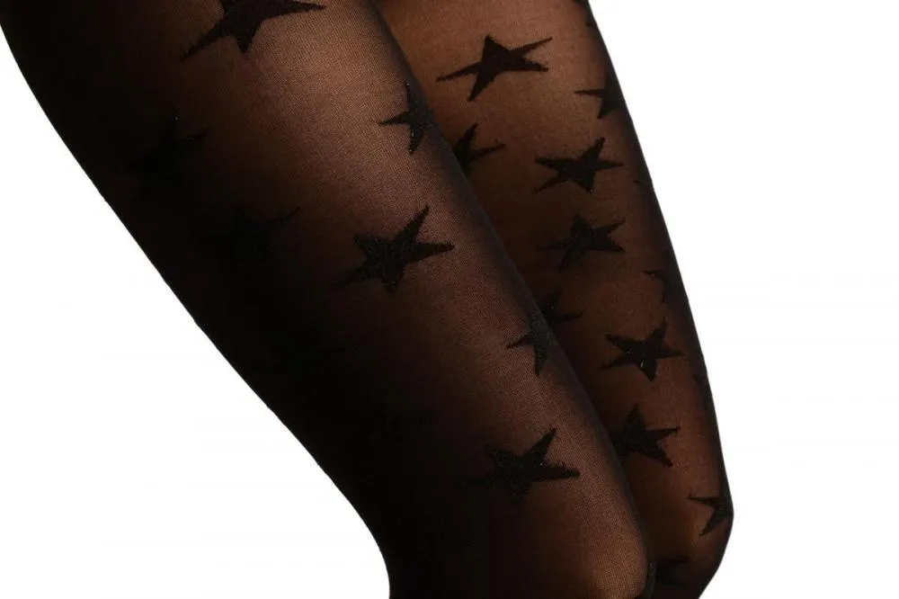 Black With Woven Black Shiny Stars Tights