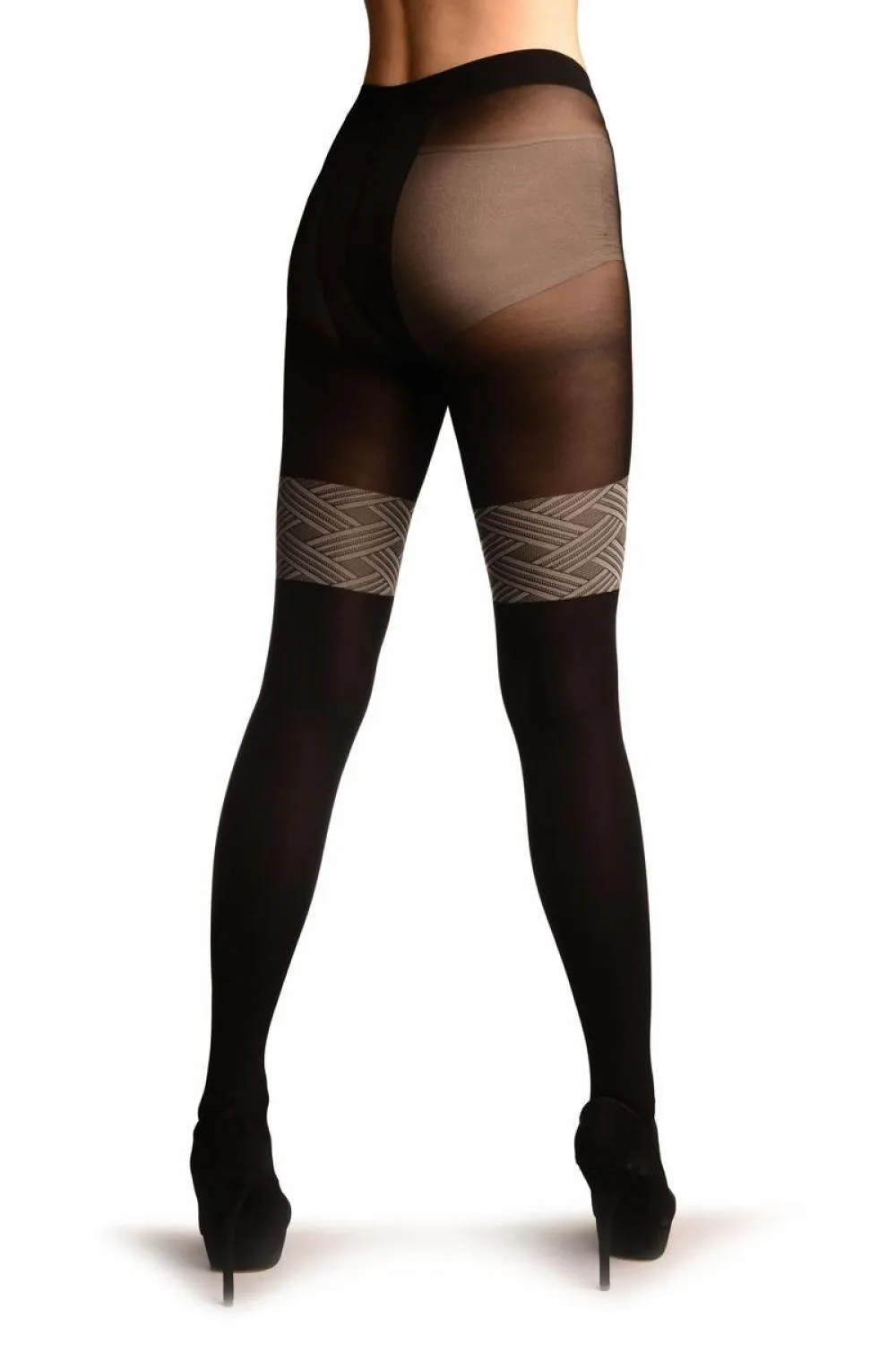 Black With Woven Grey Overlapping Stripes Top Faux Stockings Tights