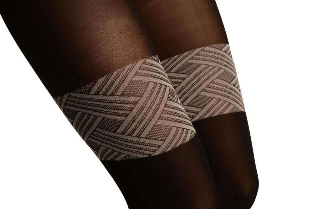 Black With Woven Grey Overlapping Stripes Top Faux Stockings Tights