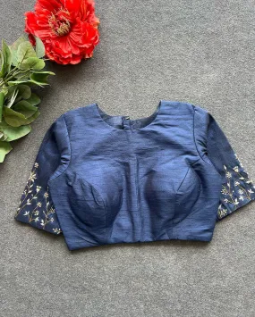 Blue Color Elzara Silk Blouse with Beautiful Handwork on Sleeves