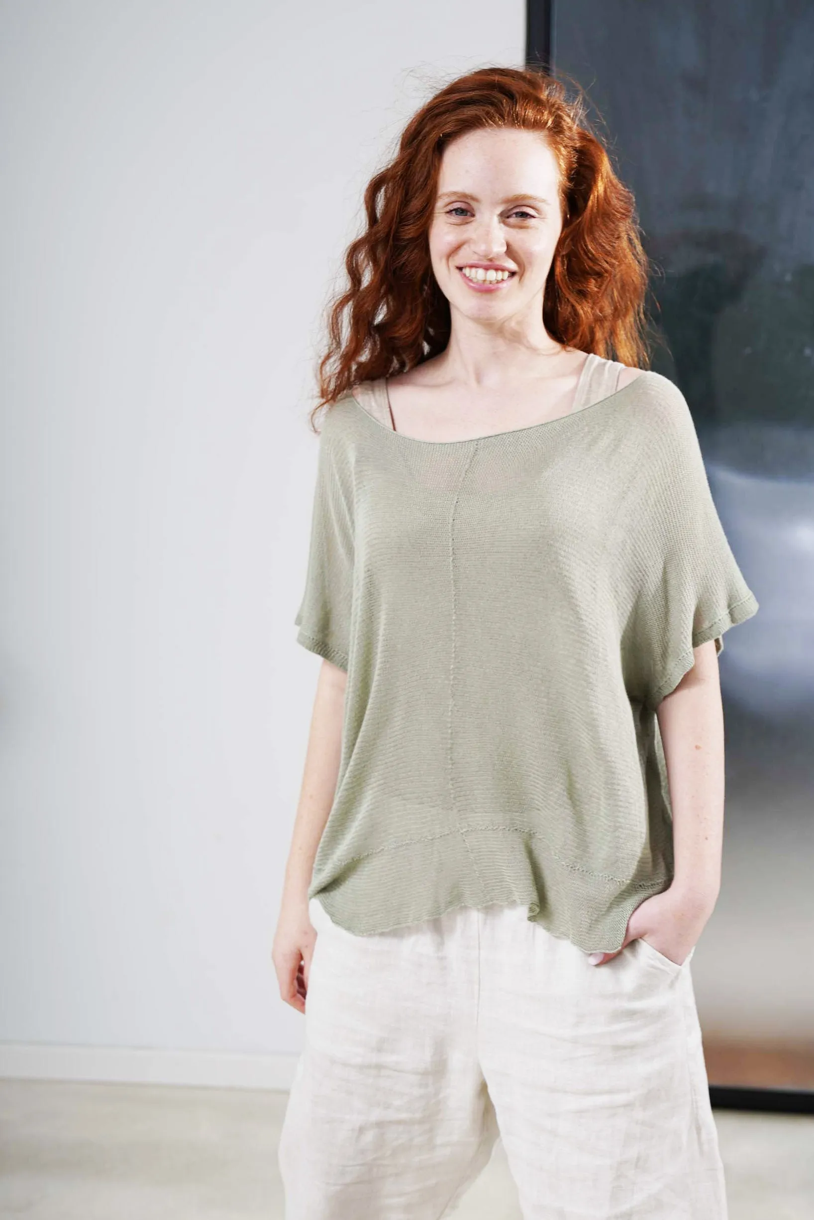 Boat neck loose knit T- shirt - Green Sage