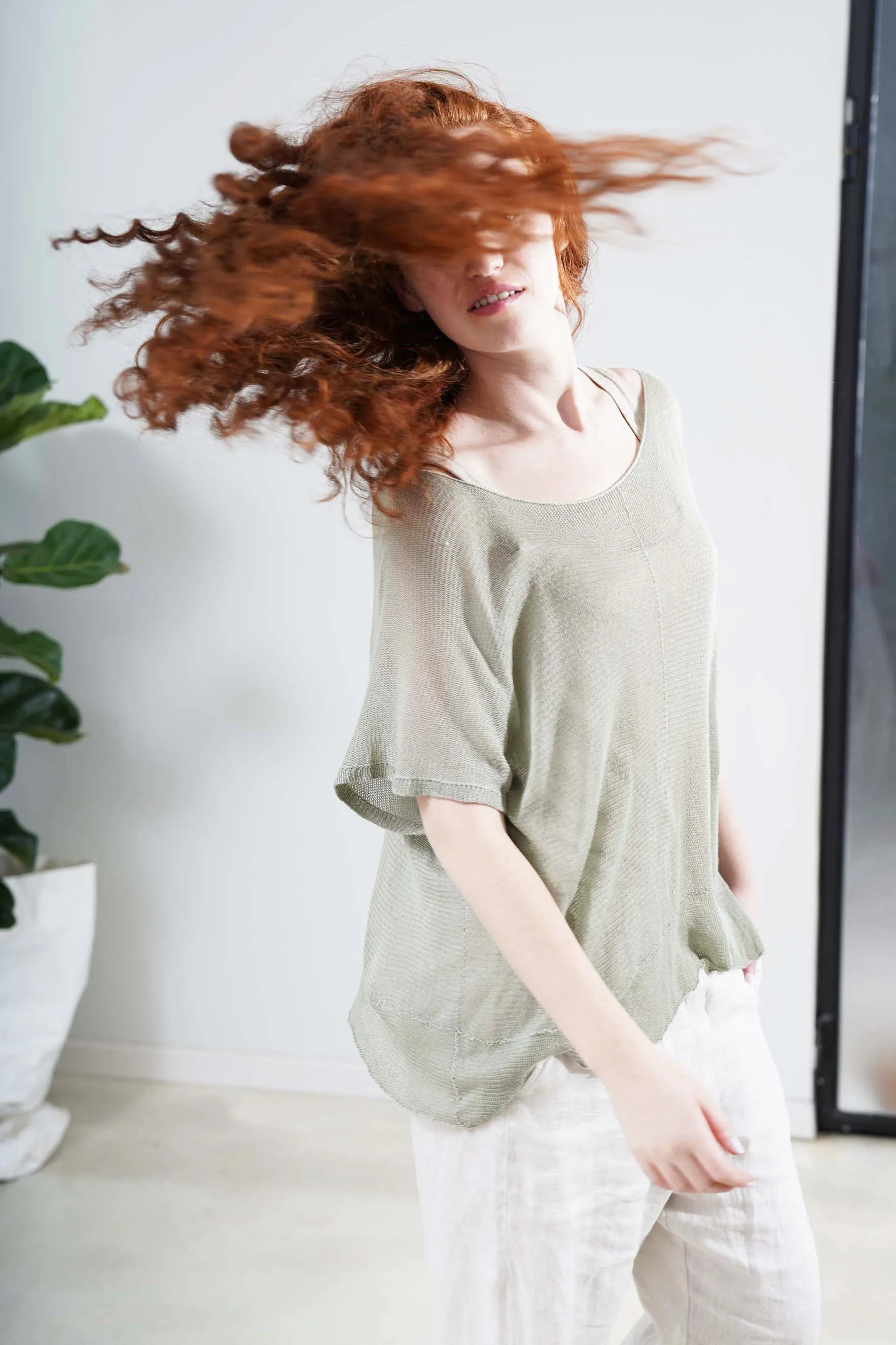 Boat neck loose knit T- shirt - Green Sage