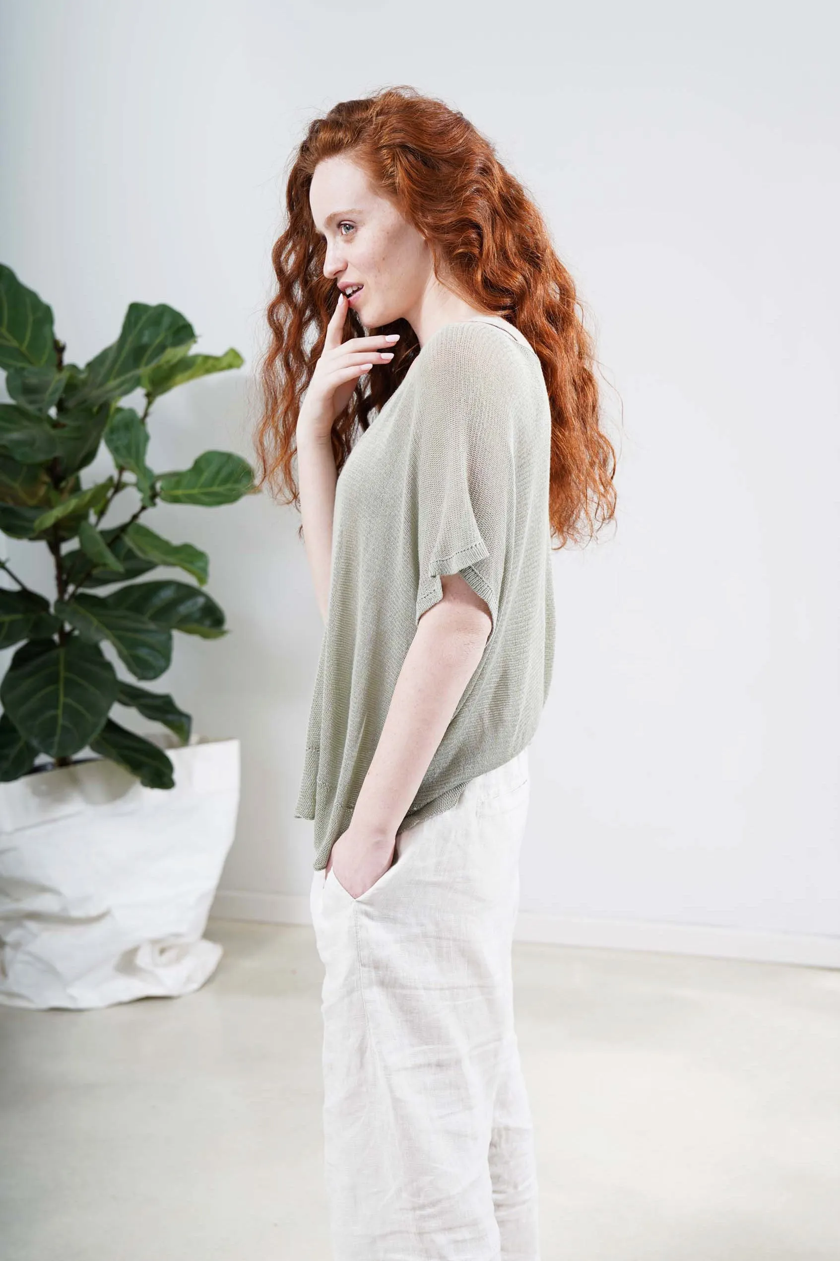 Boat neck loose knit T- shirt - Green Sage