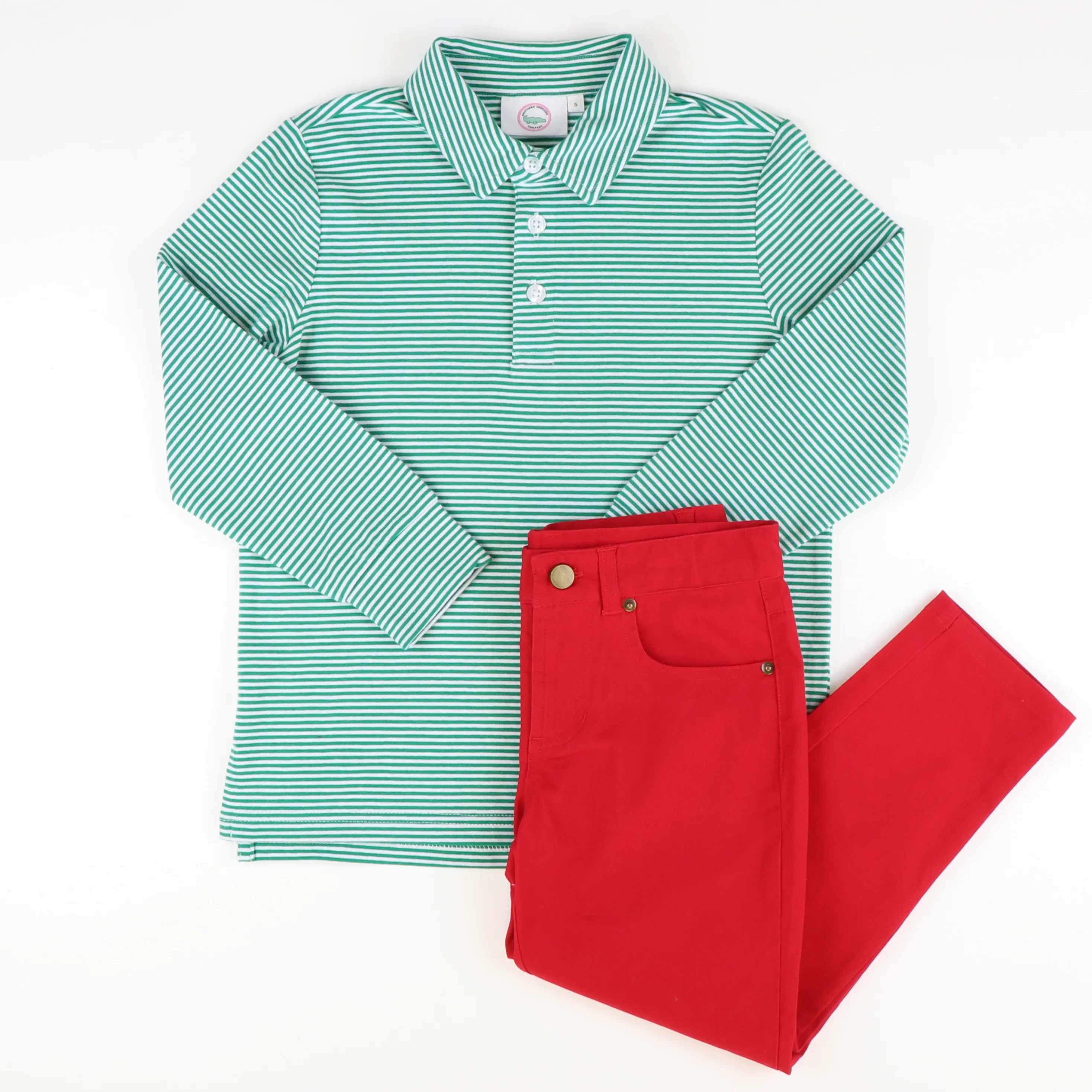 Boys Signature L/S Polo - Christmas Green Stripe Knit