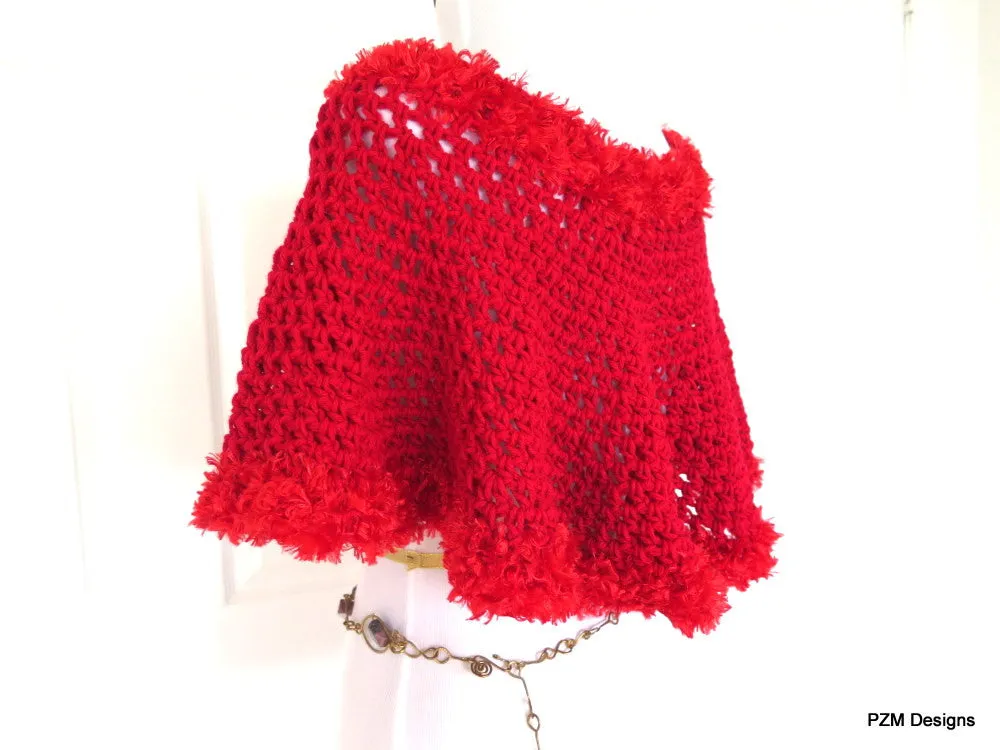 Bright Red Crochet Poncho with Fur Trim, Gift for Her