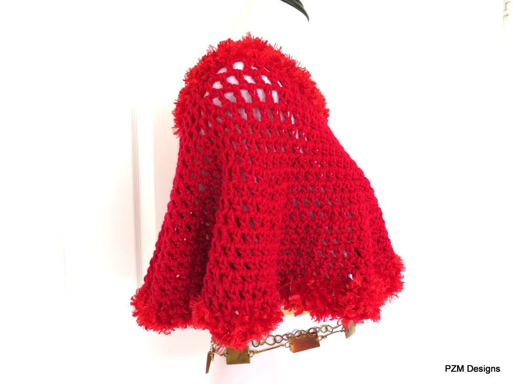 Bright Red Crochet Poncho with Fur Trim, Gift for Her