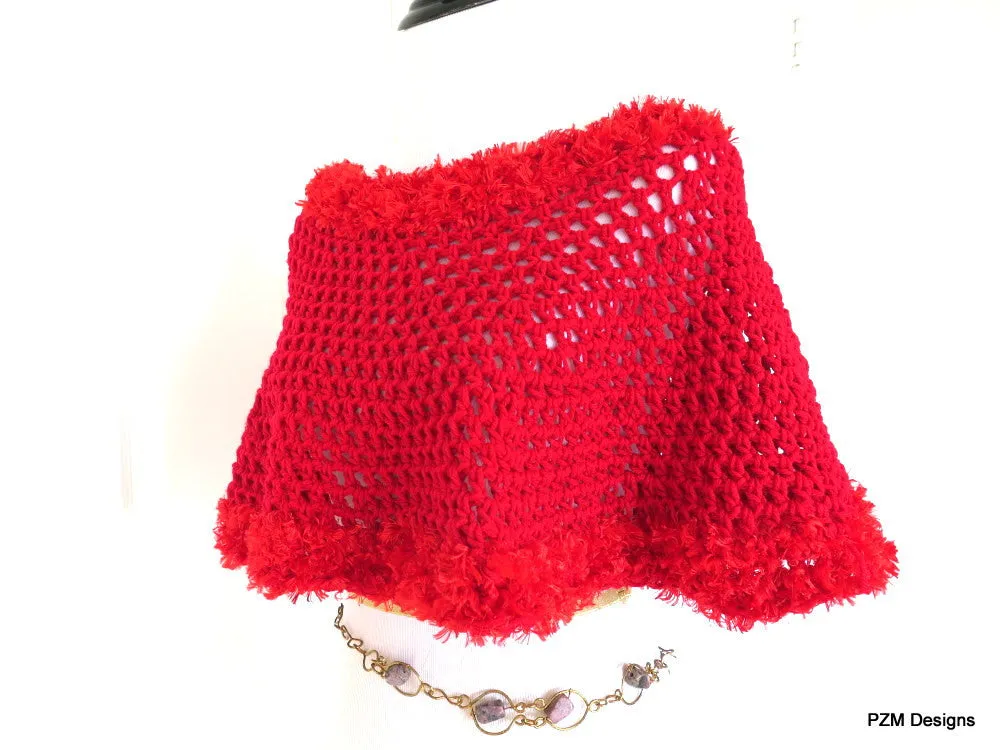 Bright Red Crochet Poncho with Fur Trim, Gift for Her