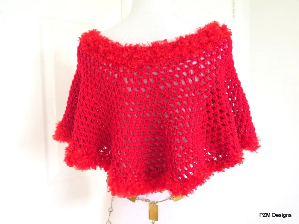 Bright Red Crochet Poncho with Fur Trim, Gift for Her