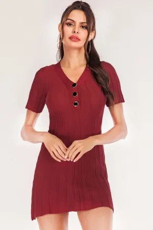 Buttoned Short Sleeve V-Neck Knit Dress - 2 colors