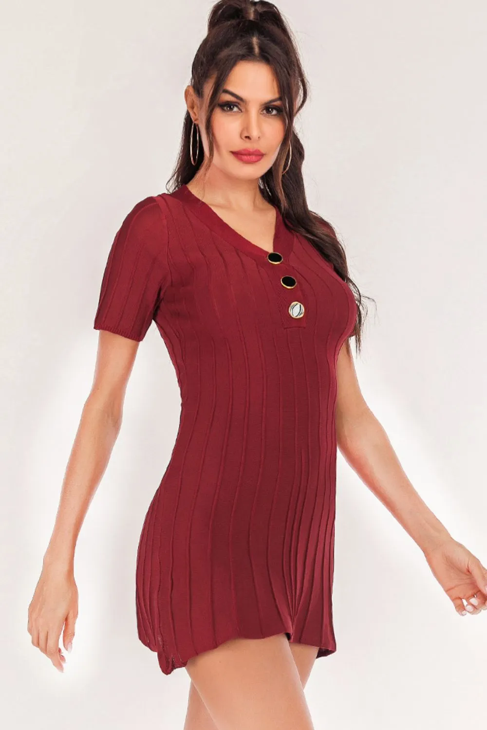 Buttoned Short Sleeve V-Neck Knit Dress - 2 colors