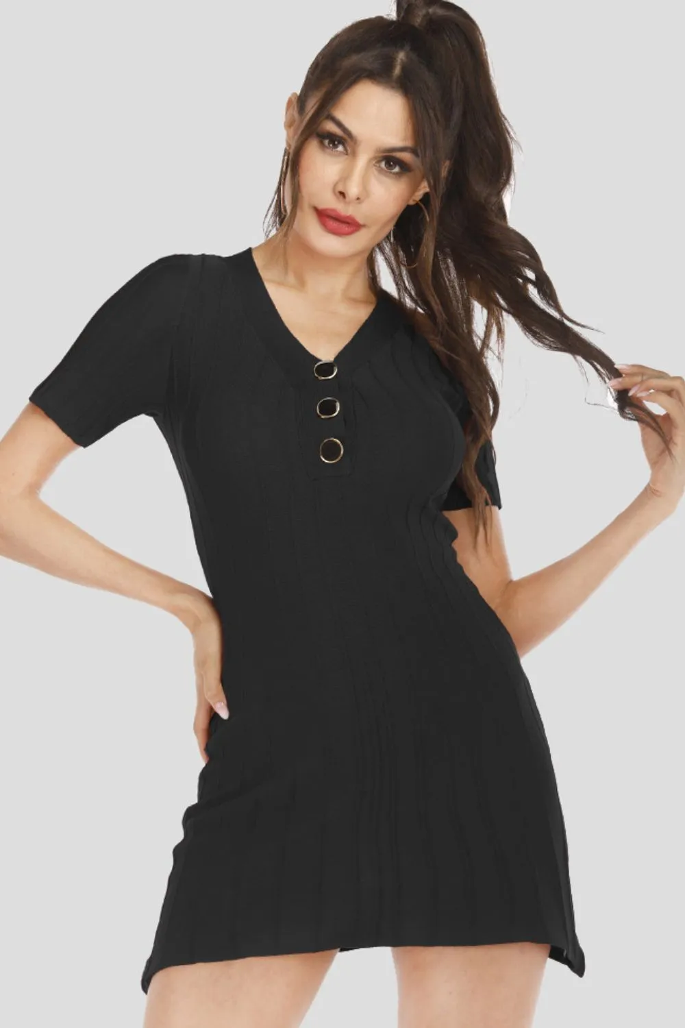 Buttoned Short Sleeve V-Neck Knit Dress - 2 colors