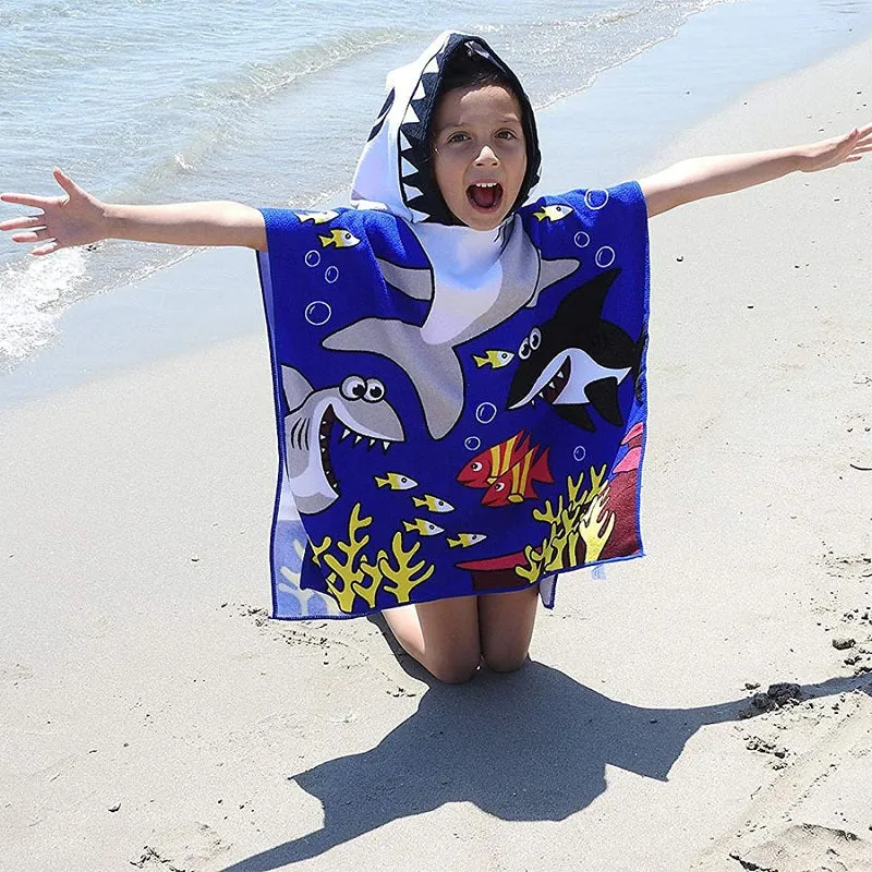 Cartoon Microfiber Kids Hooded Beach Towel Pool Poncho Shawl