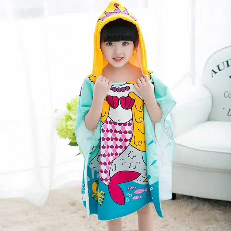 Cartoon Microfiber Kids Hooded Beach Towel Pool Poncho Shawl