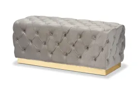 Cassandra Grey Velvet Fabric Upholstered/Gold PU Leather Ottoman