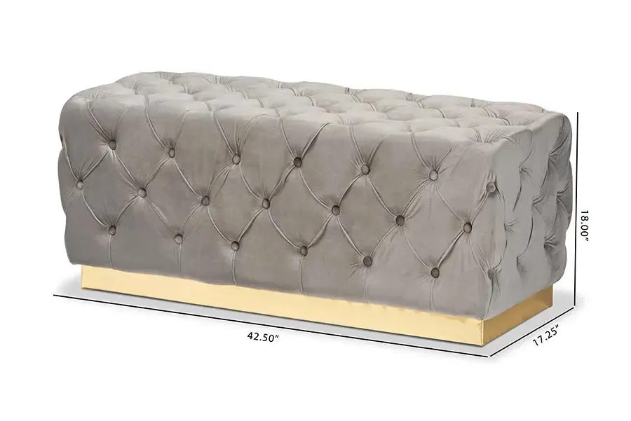 Cassandra Grey Velvet Fabric Upholstered/Gold PU Leather Ottoman