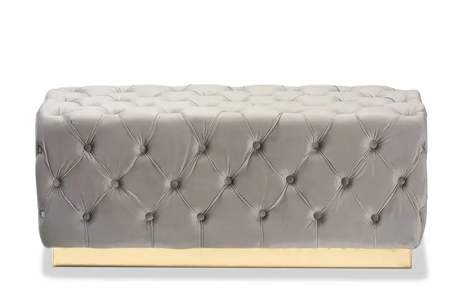 Cassandra Grey Velvet Fabric Upholstered/Gold PU Leather Ottoman